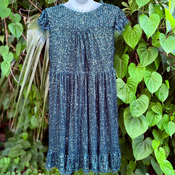 M By MNK Green Sequin Babydoll Dress Size M Juniors Holiday Ruffle Swing Party - Picture 11 of 17